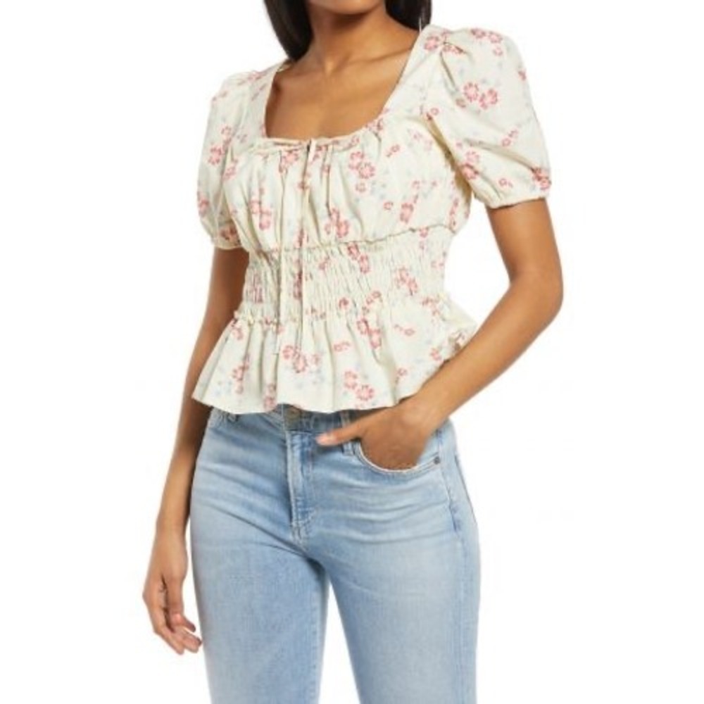 WAYF Lucian Top Yellow Floral M Smocked Puff Sleeve Peplum Square Neck Blouse